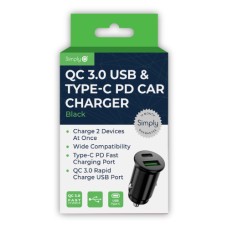 QC 3.0 USB & TYPE-C PD Car Charger Black